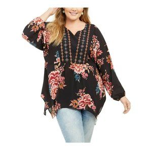 Style & Co Plus 1X Festive Black Floral Print Split Neck Lurex Blouse NWT P83
